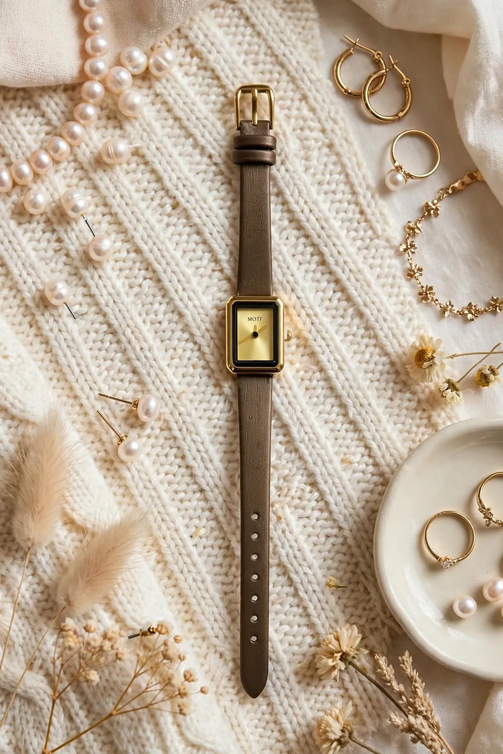 MOTF Gold Rectangular Watch – Leather Strap