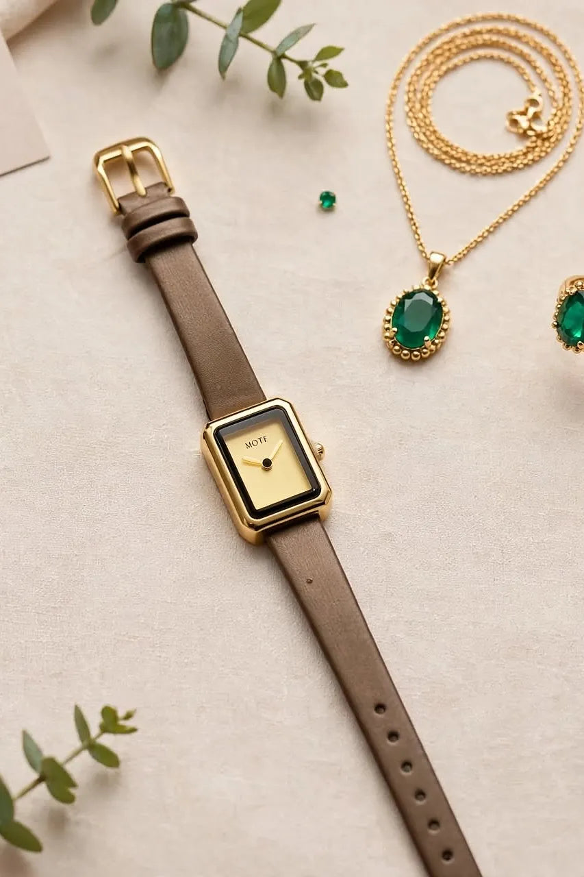 MOTF Gold Rectangular Watch – Leather Strap