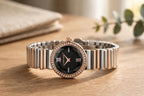 Crystal Bezel Quartz Black Dial Watch