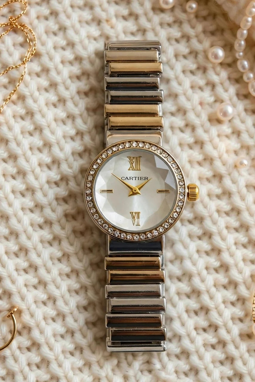 Crystal Bezel Quartz White Dial Watch