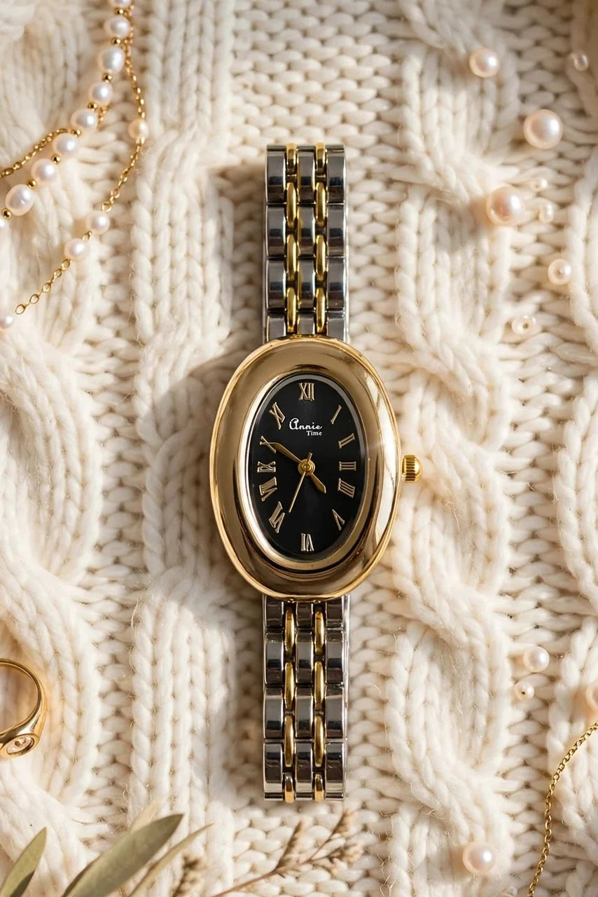 Vintage Oval Gold Watch – Black Dial
