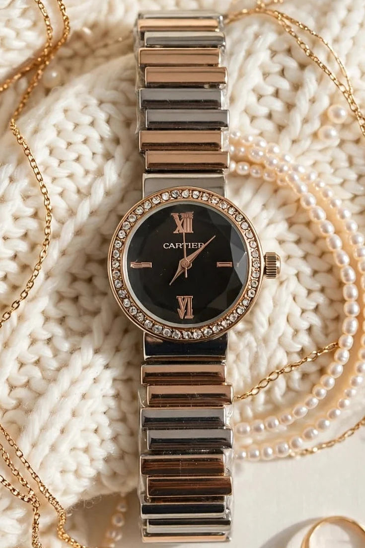 Crystal Bezel Quartz Black Dial Watch