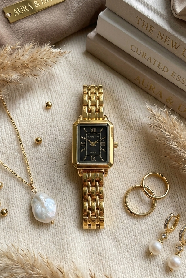 Luxury Gold Dial - Black Quartz Watch
