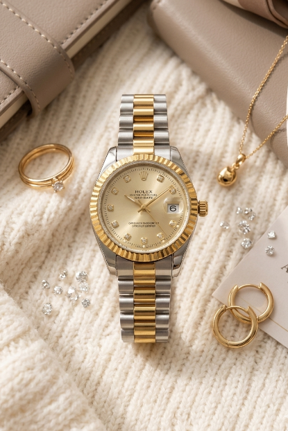 Gold and silver watch with jewelry on a textured surface