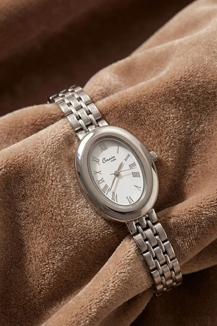 Vintage Oval Silver Watch –  White Dial