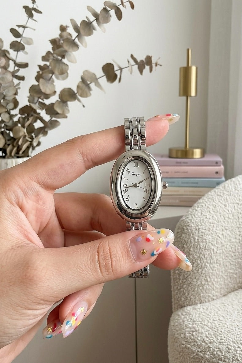Vintage Oval Silver Watch –  White Dial