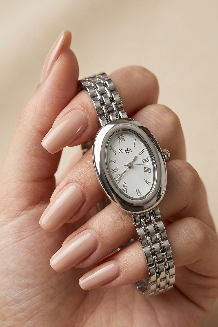 Vintage Oval Silver Watch –  White Dial