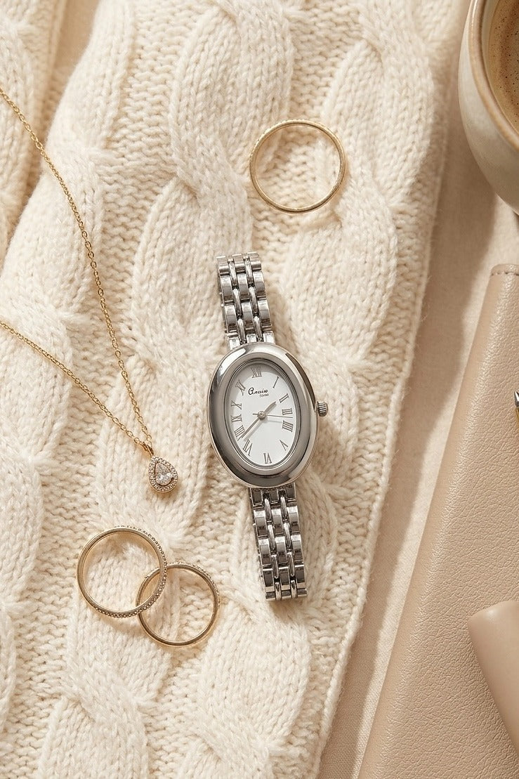 Vintage Oval Silver Watch –  White Dial