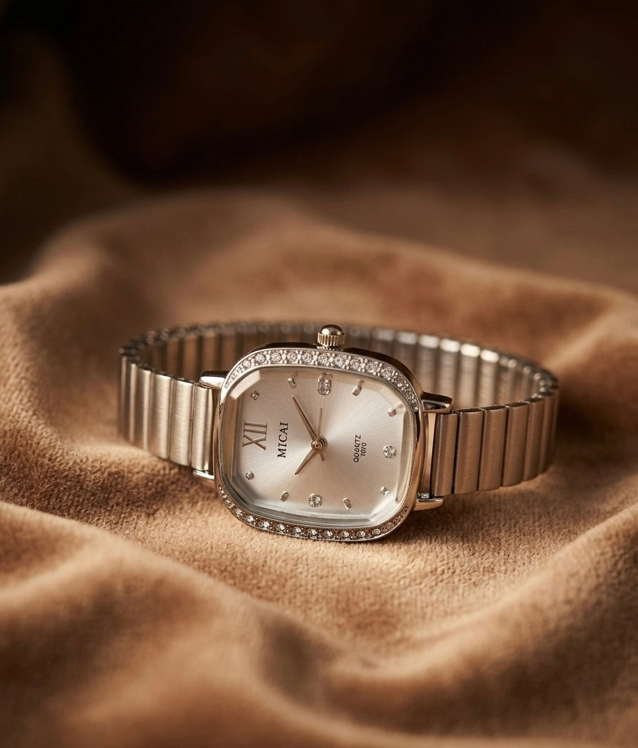 MICAI Women's Silver Crystal Bezel Quartz Watch