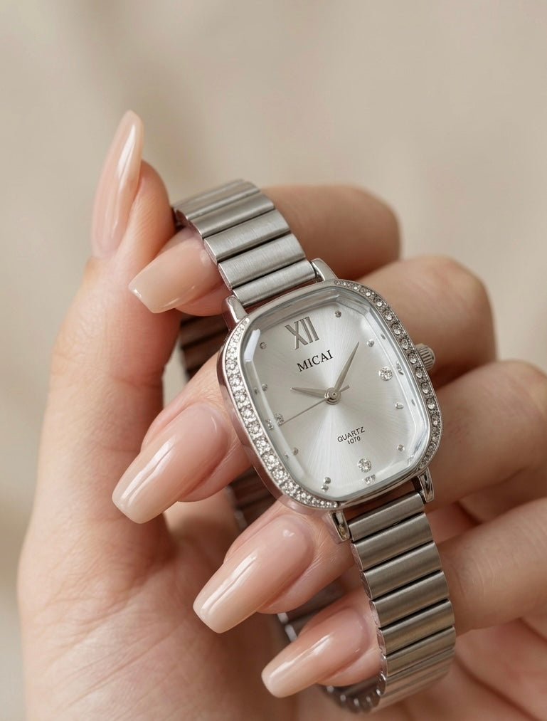 MICAI Women's Silver Crystal Bezel Quartz Watch