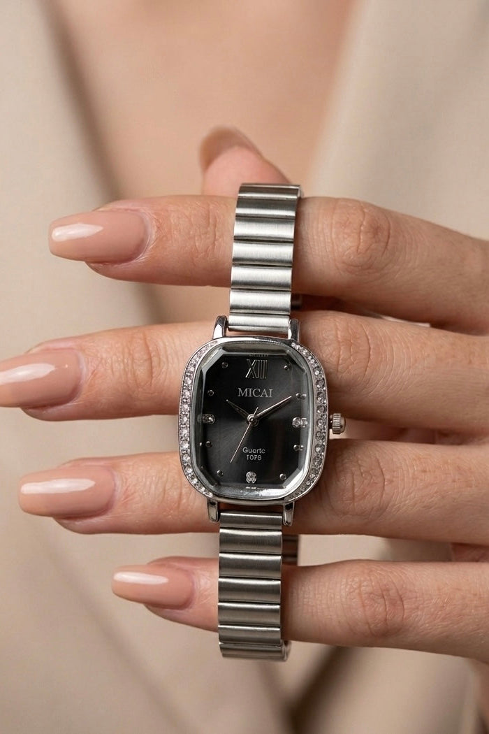 MICAI Women's Silver Crystal Bezel Quartz Watch